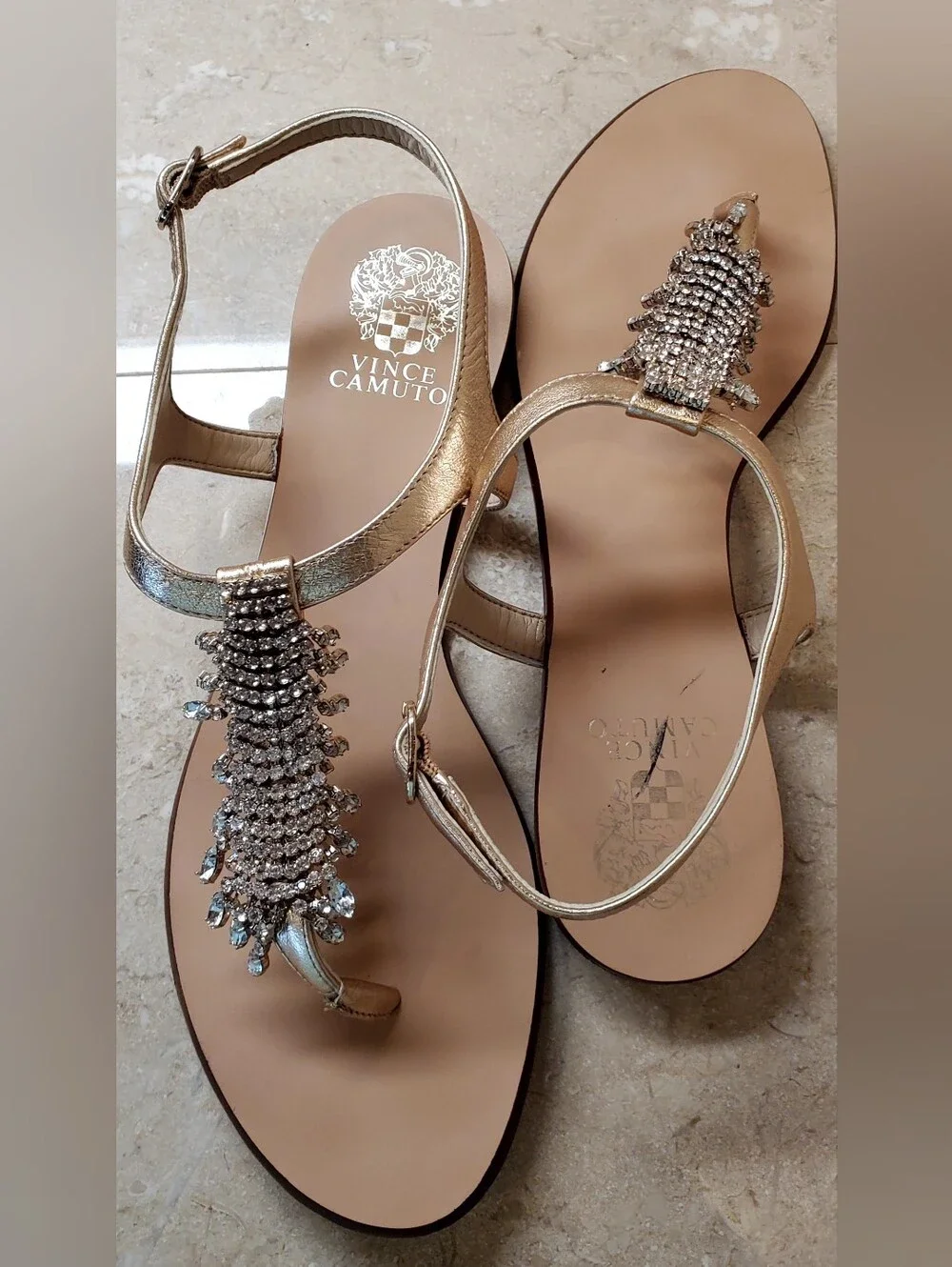 T-strap Flat Women's Sandals Size 10 Gold Leather with Crystal Embellishments